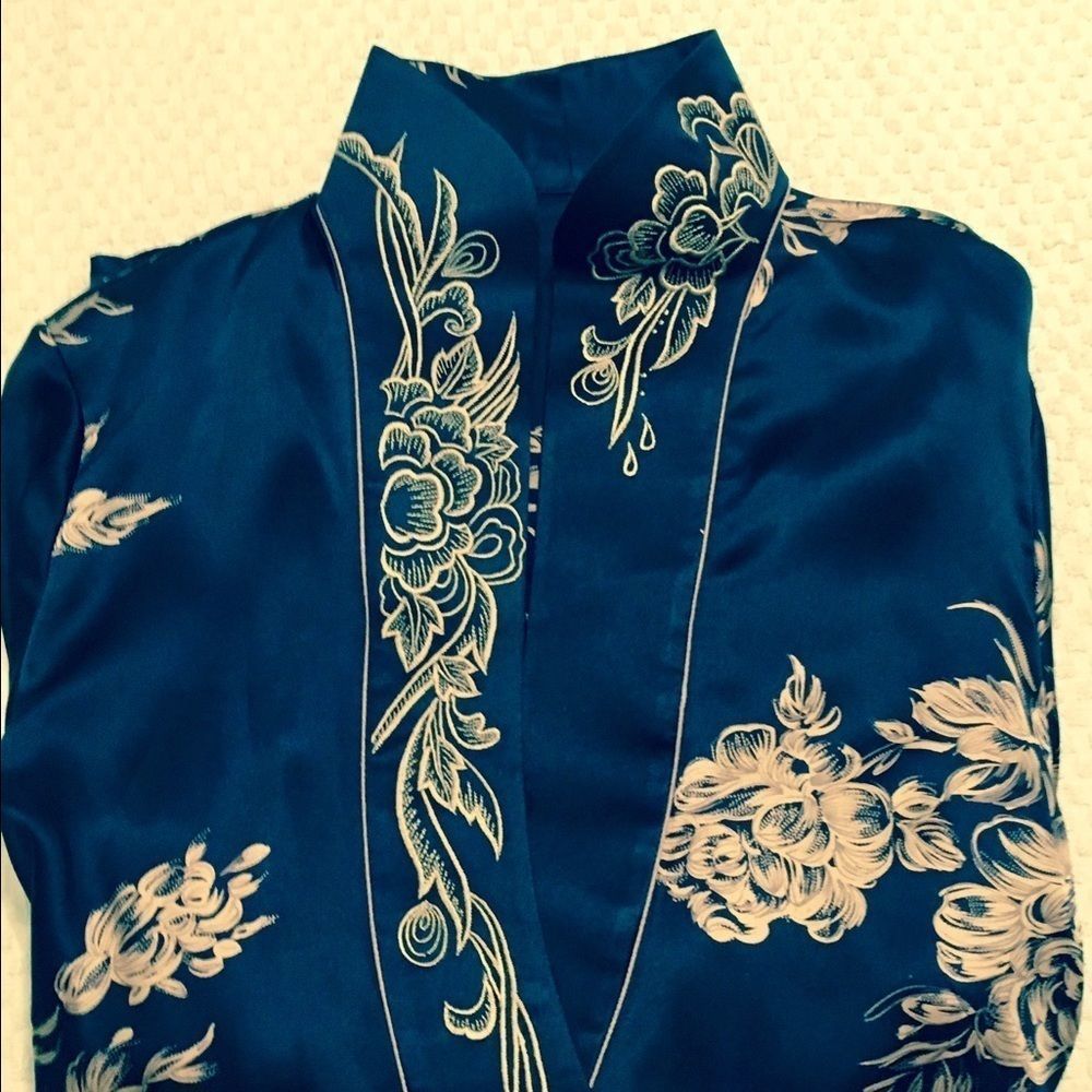 Silk Coat One of a Kind Original Qinyi Shanghai Fashion Show Navy Gold Womens XL - Picture 6 of 8